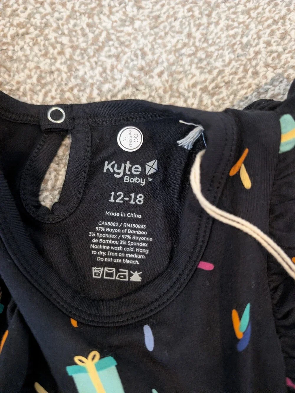 Kyte BABY Birthday Black Ruffle Bubble Bamboo Romper 12-18 Months